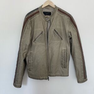 Wilsons Leather Taupe Leather Bomber Jacket with Brown Stripe Accents